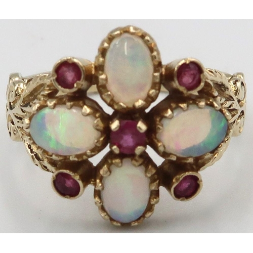 117 - A 9ct yellow gold Victorian style opal and ruby ring, opals are a good colour and well matched, head... 