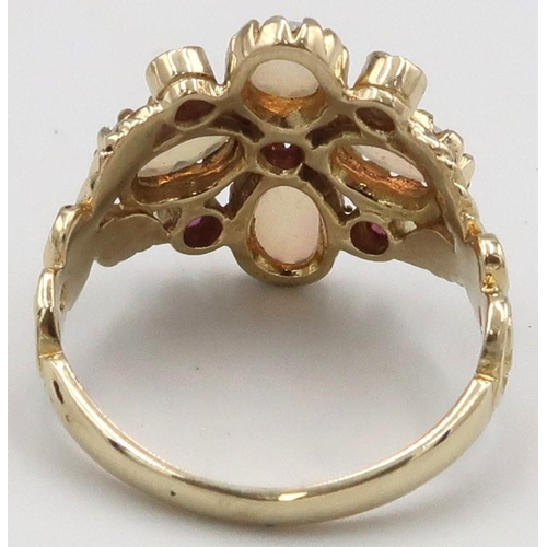 117 - A 9ct yellow gold Victorian style opal and ruby ring, opals are a good colour and well matched, head... 