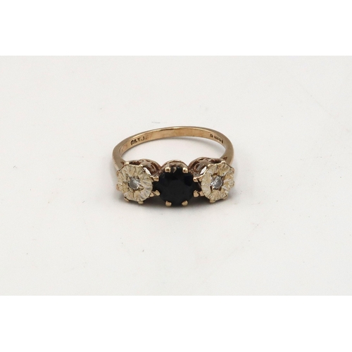 80 - A 9ct gold sapphire and diamond  three stone ring, Size M, weight 2.8 grams.