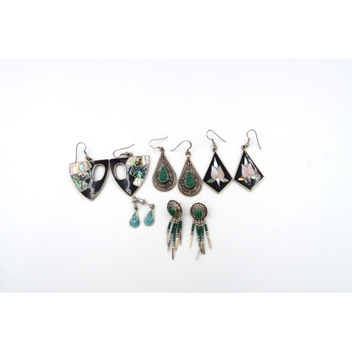 66 - Five pairs of earrings to include Mexican Alpaca silver, some set with malachite. Total weight 1 tro... 