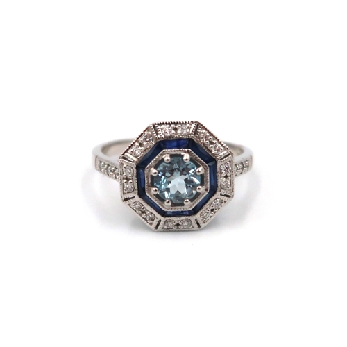 178 - A 9ct white gold Art Deco style Aquamarine and Diamond ring - head size approx 13mm x 13mm - ring si... 