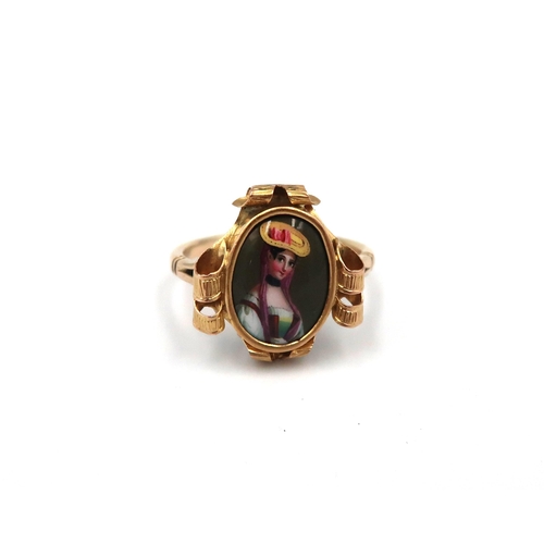 180 - A 9ct yellow gold (tested) ring - enamelled miniature of a lady - head size approx 17mm x 15mm - rin... 