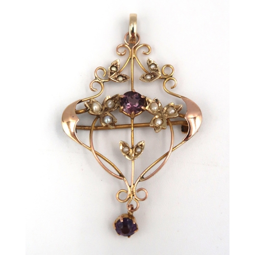 181 - A 9ct yellow gold Art Nouveau amethyst and seed pearl pendant - head size including loop 50mm x 30mm