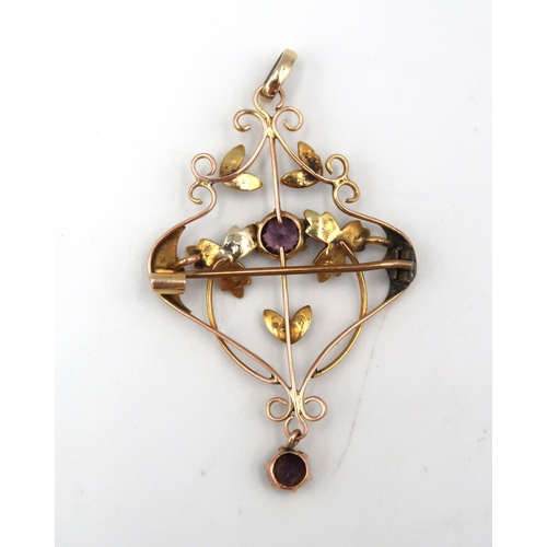 181 - A 9ct yellow gold Art Nouveau amethyst and seed pearl pendant - head size including loop 50mm x 30mm