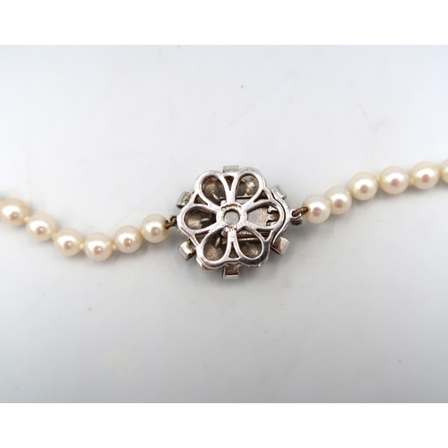 188 - A pearl necklace with a 9ct white gold sapphire and pearl clasp - head size approx 21mm - approx len... 