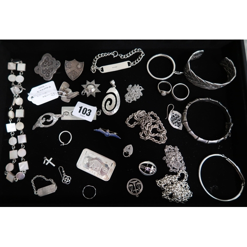 103 - Hallmarked silver ingot pendant, a United States 1 Troy oz silver bullion, four brooches bangles etc... 