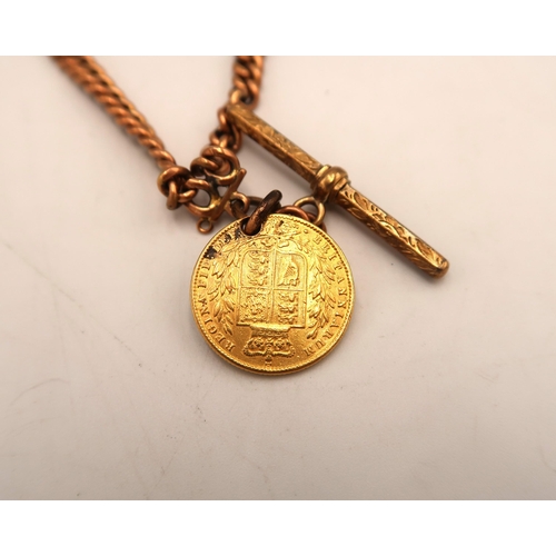 110 - An 1863 shield back full gold sovereign on a 9ct hallmarked chain with T bar, approx 36.8 grams