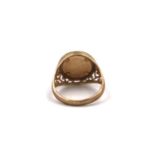 136 - A 9ct yellow gold ring set with a 22ct gold coin to shoulder, size J/K, 2.2grams.