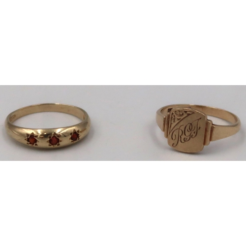 146 - Two 9ct yellow gold rings, a signet ring size O with monogrammed initials R.G.J., the other set with... 