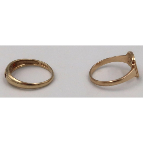 146 - Two 9ct yellow gold rings, a signet ring size O with monogrammed initials R.G.J., the other set with... 