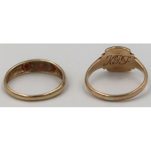 146 - Two 9ct yellow gold rings, a signet ring size O with monogrammed initials R.G.J., the other set with... 