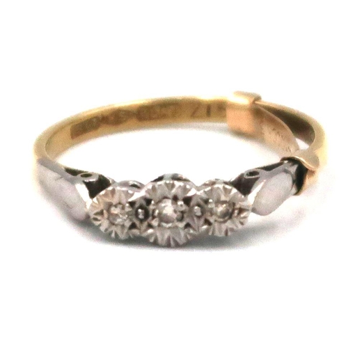 147 - A three stone single cut diamond ring. Stamped 18ct and Plat- size N/O - 1.7grams