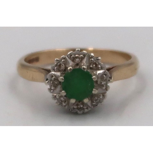 157 - A 9ct gold emerald and single cut diamond cluster ring Size N. Weight 2.8grams.