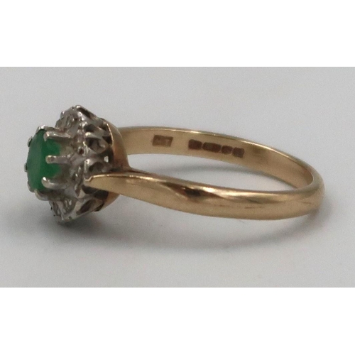 157 - A 9ct gold emerald and single cut diamond cluster ring Size N. Weight 2.8grams.