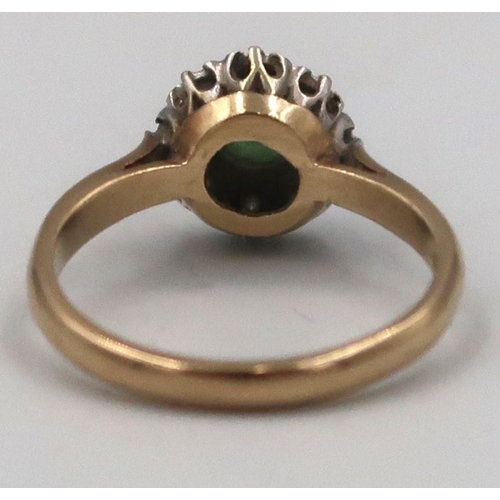 157 - A 9ct gold emerald and single cut diamond cluster ring Size N. Weight 2.8grams.