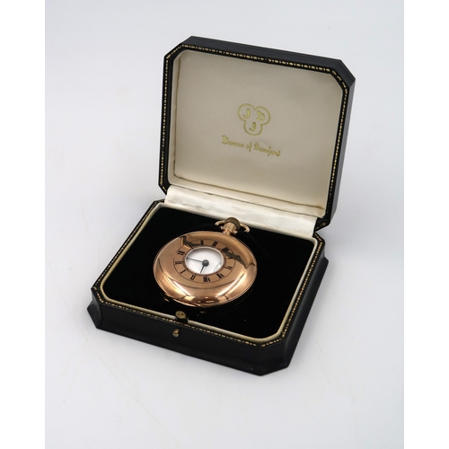 260 - A 9ct rose gold cased half hunter pocket watch, roman numerals to white enamel dial, subsidiary dial... 