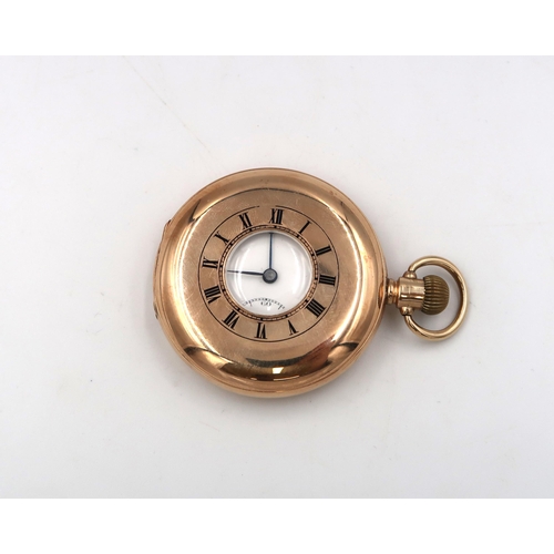 260 - A 9ct rose gold cased half hunter pocket watch, roman numerals to white enamel dial, subsidiary dial... 