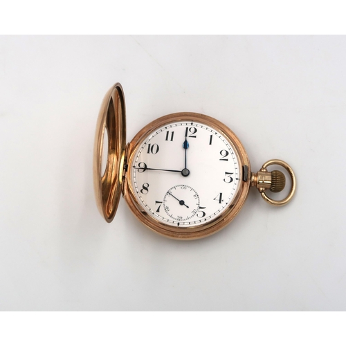 260 - A 9ct rose gold cased half hunter pocket watch, roman numerals to white enamel dial, subsidiary dial... 