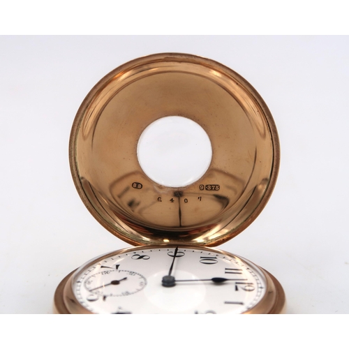 260 - A 9ct rose gold cased half hunter pocket watch, roman numerals to white enamel dial, subsidiary dial... 