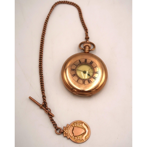 271 - A 9ct yellow gold hallmarked cased half hunter pocket watch with 9ct gold chain and shield medallion... 