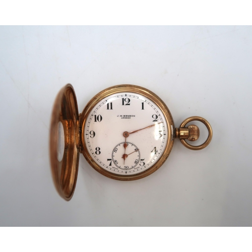 272 - A 9ct yellow gold hallmarked cased half hunter pocket watch by J.W. Benson, approx 88.6 grams