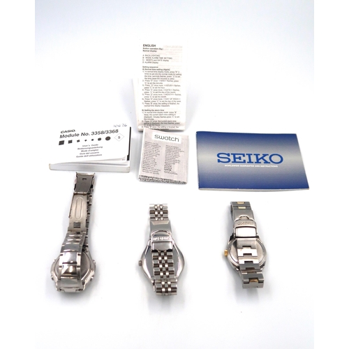 274 - Three gents wristwatches including, Seiko Kinetic, case diameter 3.5cm, Casio Edifice case diameter ... 