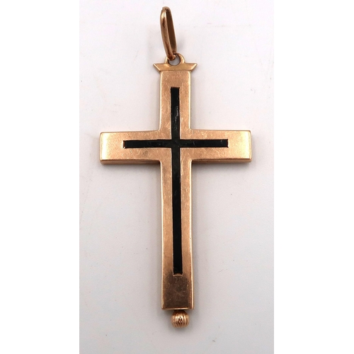 3 - A cross pendant with black enamel detail, it folds open with a hinge and screw pin fitting, length  ... 