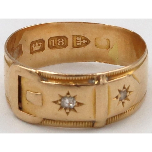 32 - An 18ct gold belt band ring with two old cut diamond highlights,  size O, weight 3.14 grams.