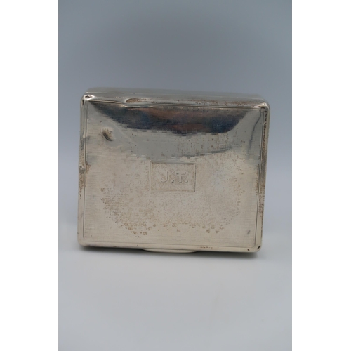 322 - A hallmarked silver wooden lined cigarette box London, engraved with J.T. Monogram to top on a field... 