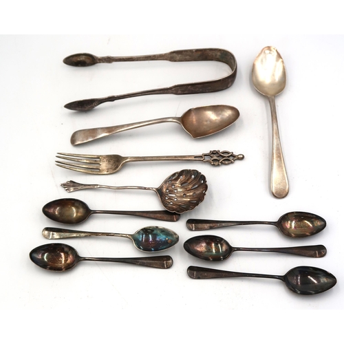 345 - A pair of Georgian silver hallmarked sugar nips, two teaspoons, strainer, spoon and fork, 6 teaspoon... 