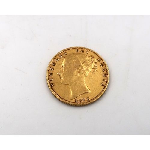 393 - A 1858 Shield back full gold sovereign, 7.98grams