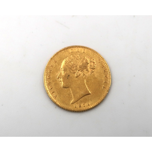 397 - A 1871 Shield back half gold sovereign, approx 4 grams