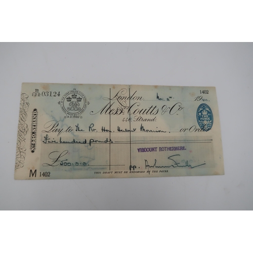 403 - A Cheque from Coutts bank from Viscount Rothermere for £500 to the right Hon. Herbert Morrison