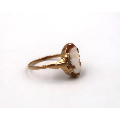 42 - A stamped 9ct yellow gold cameo ring size L, and a stamped 10K oval opal ring, size N, 4.6grams.