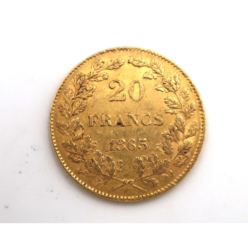 422 - A 1865 20 Franc gold coin, approx 6.5grams