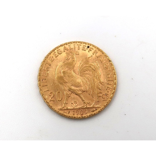 424 - A 1909 20 Franc .900 gold coin