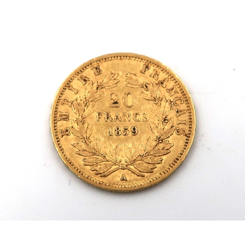 427 - A 1859 20 Franc .900 gold coin, approx 6.5grams.