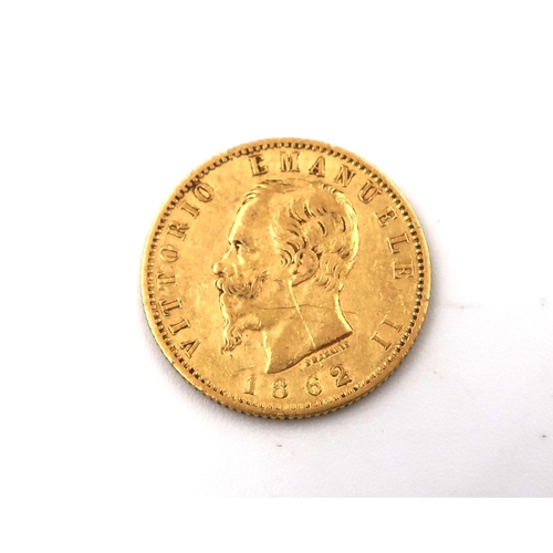 429 - A 1862 Emanuel II Italian 20 Lira 24ct gold coin, approx 6.5 grams