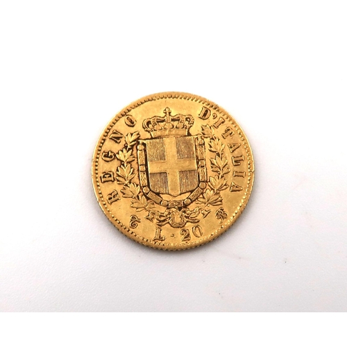 429 - A 1862 Emanuel II Italian 20 Lira 24ct gold coin, approx 6.5 grams