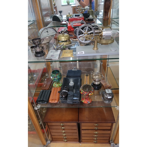 445 - A selection of miscellaneous items including a Stirling Type atmospheric engine, an altimeter, therm... 