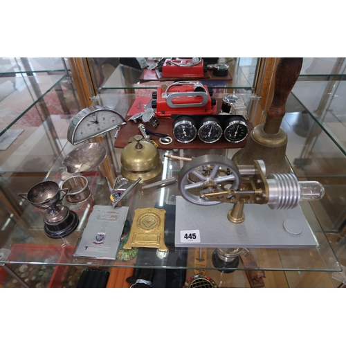 445 - A selection of miscellaneous items including a Stirling Type atmospheric engine, an altimeter, therm... 