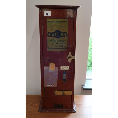 451 - Circa 1910-1920 cigarette vending machine in good working order with key. 57cm high x 18cm wide x 18... 