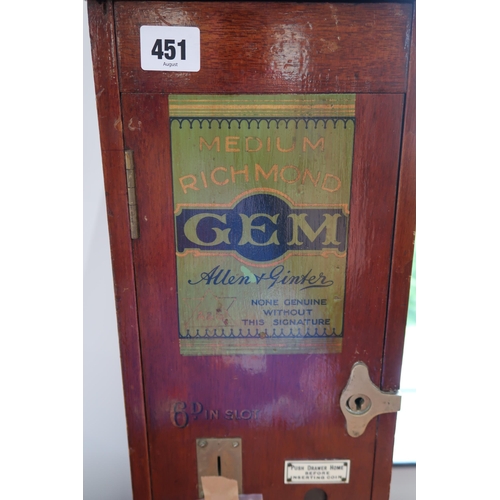 451 - Circa 1910-1920 cigarette vending machine in good working order with key. 57cm high x 18cm wide x 18... 