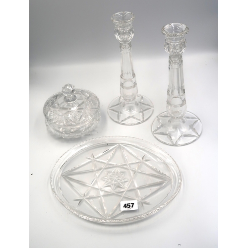 457 - A pair of Stuart crystal candlesticks 25.5cm in height, a tray and a trinket pot