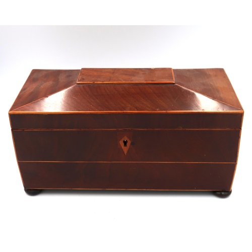 463 - A mahogany and inlaid sarcophagus shaped tea caddy and one smaller, 29.5cm x 14cm x 17cm high