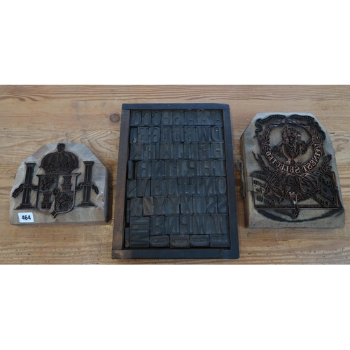 464 - A printers trademark textile printing block crest x2 and printers block in tray, 20.5cm x 19cm and 2... 