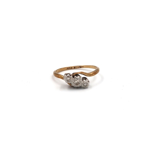 48 - A 9ct yellow gold three stone diamond ring, platinum to illusion setting, 2.2grams. Size O