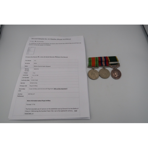 545 - A group of medals awarded to A D Bullin, Battery Quartermaster Sergeant, 4529278, Royal Artillery, 1... 