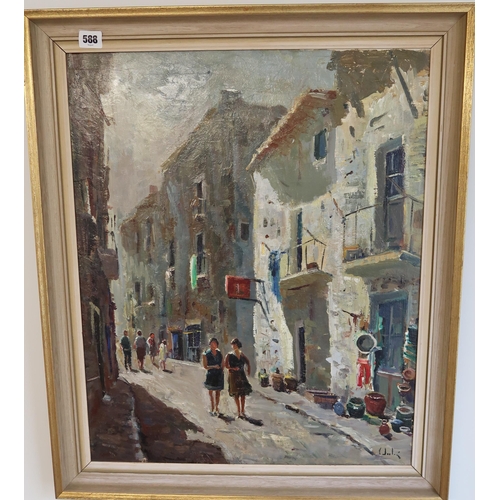 588 - An oil on canvas 'Julia' Street scene, 59cm x 48cm