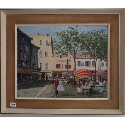 589 - Oil on board Parisienne street scene by William Scudden, 50cm x 40cm